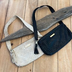 SET OF TWO - Elliot Lucca Woven Leather Shoulder Bags, Cream & Black, Red Lining